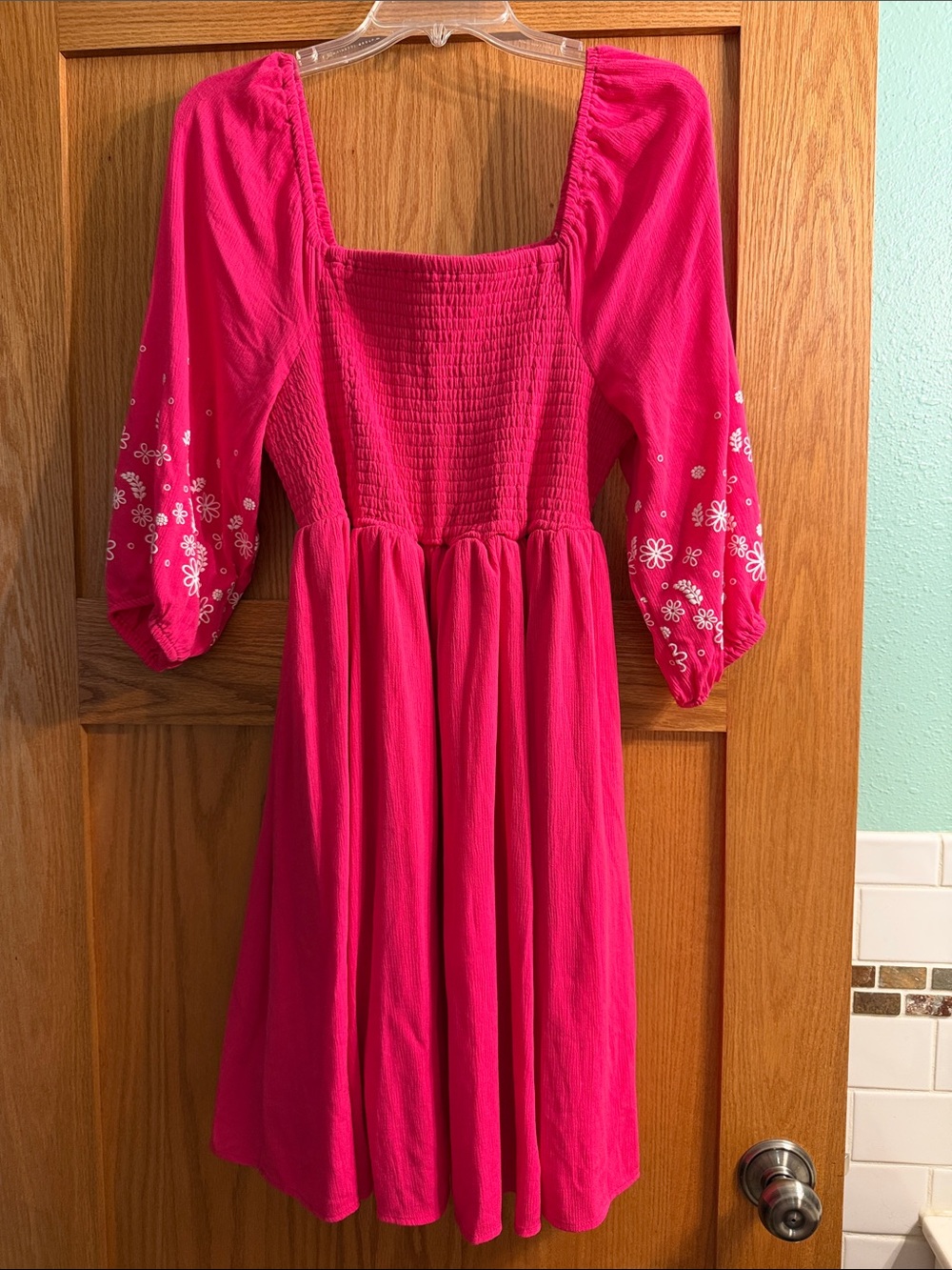 torrid Hot Pink Smocked Square-Neck Mini Dress with Embroidered Puff Sleeves